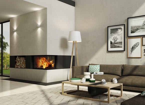 HEAT R/L 3g L 65.51.40.01(21) - конвекционная угловая каминная топка с подъёмной дверцей и цельногнутым (раздельным) стеклом